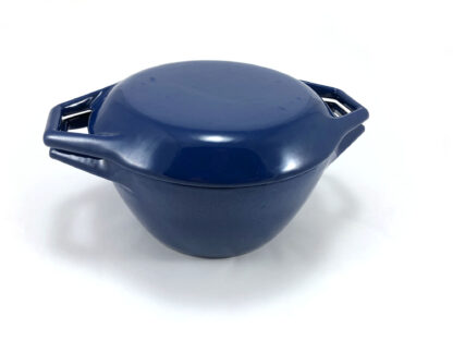 Vintage enamelled cast iron casserole dish in blue